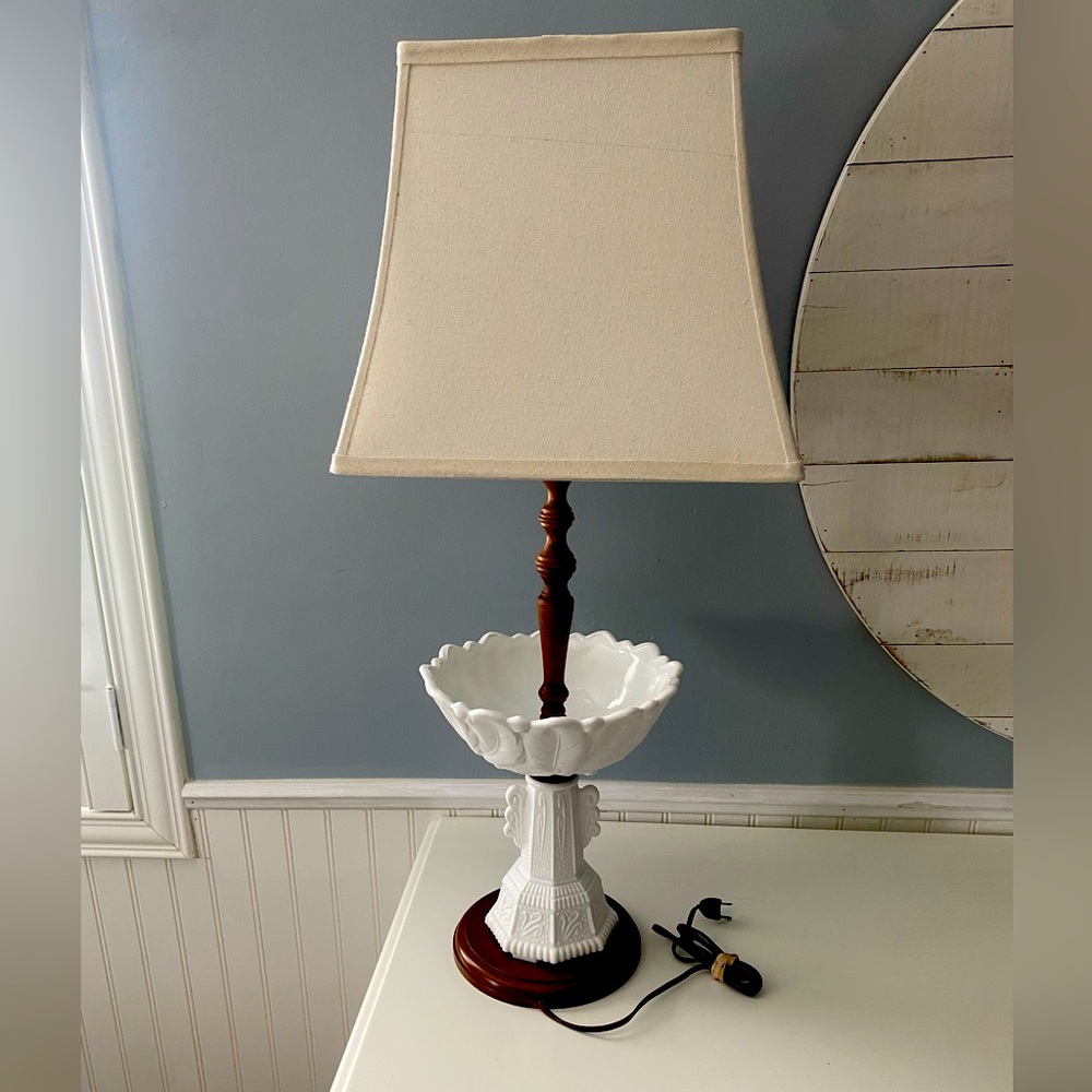 Westmoreland Milk Glass Bowl Lamp With Wooden base , rare find